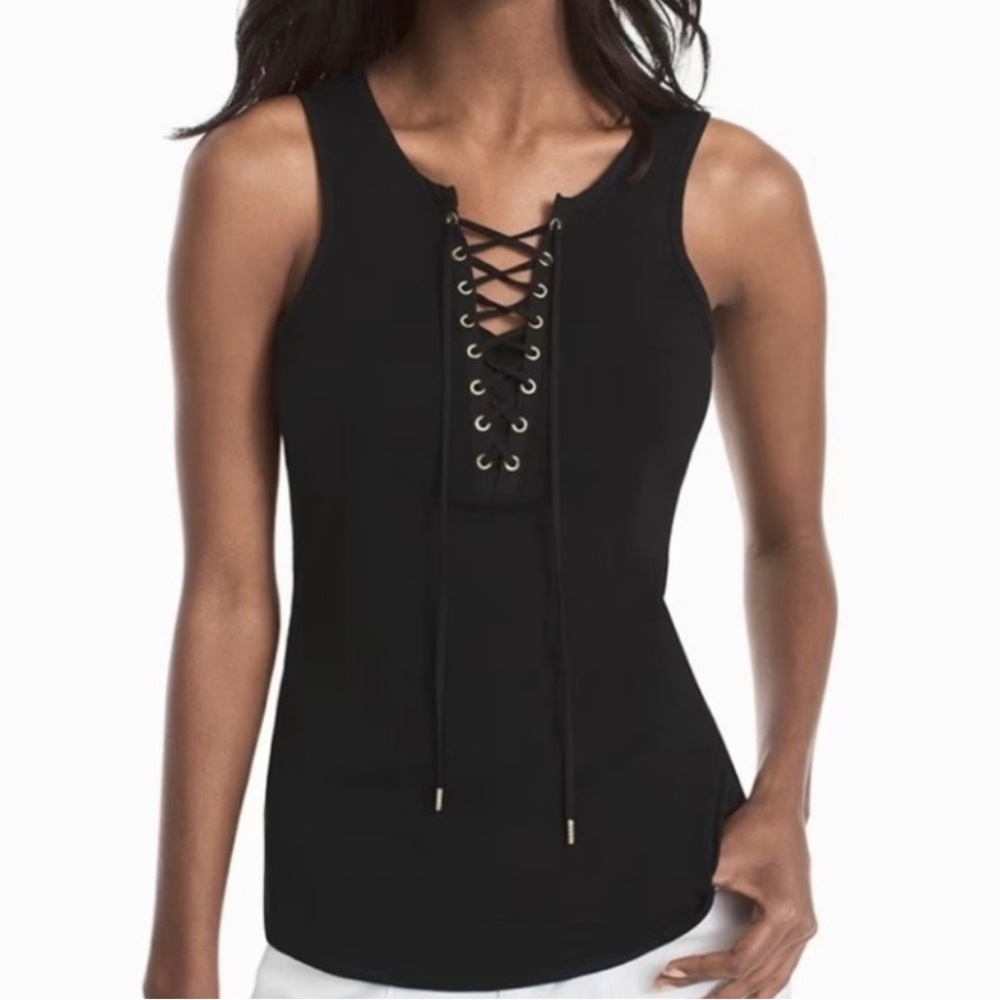 White House Black Market Black Lace-Up Tank Top Black and Gold